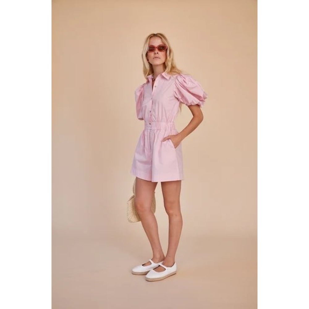 Hunter Bell Pia Pink Cotton Puff Sleeve Romper 22SPJS1B Size 6